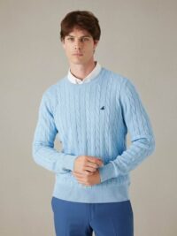 סריג לולאות לגבר בצבע תכלת צוארון עגול 100% כותנה מצרית סופימה