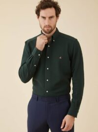 חולצת פולו לגבר שרוול ארוך בצבע ירוק כהה 100% כותנה