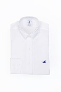 חולצת אוקספורד לגבר בצבע לבן XSF עם לוגו פורור בצבע כחול ללא גיהוץ גזרה צרה במיוחד