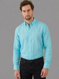 חולצה אלגנטית לגבר בצבע טורקיז שרוול ארוך צוארון כפתורים 100% פשתן ללא גיהוץ