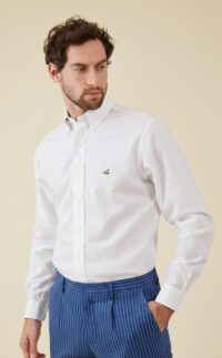 חולצת אוקספורד לגבר בצבע לבן XSF עם לוגו פורור צבעוני ללא גיהוץ גזרה צרה במיוחד