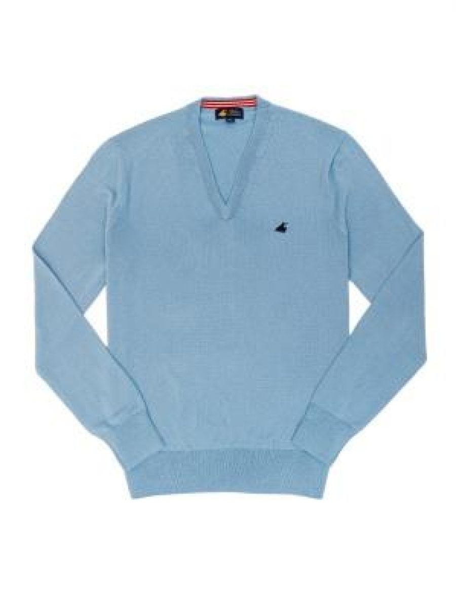 סריג צמר לגבר בצבע תכלת צוארון עגול עם לוגו פורור 100% תמר מרינו